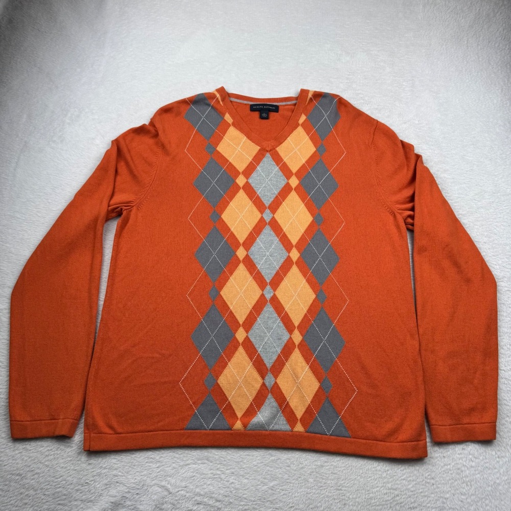 Banana Republic Cashmere Silk Sweater Mens Large Orange Argyle V-Neck 626345